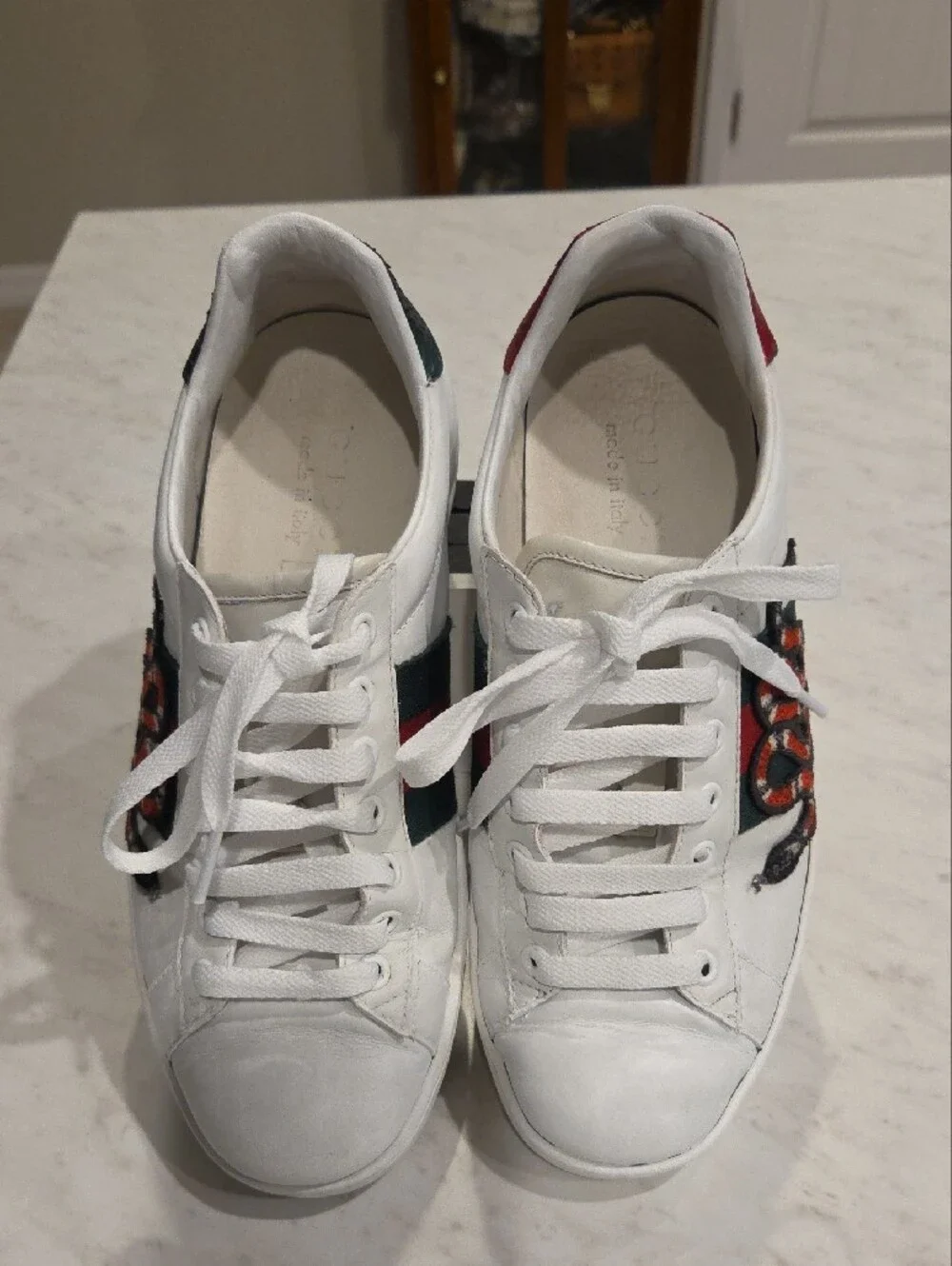 Gucci Men White Leather Sneakers with Red & Green Snake Motif Size 5 1/2
